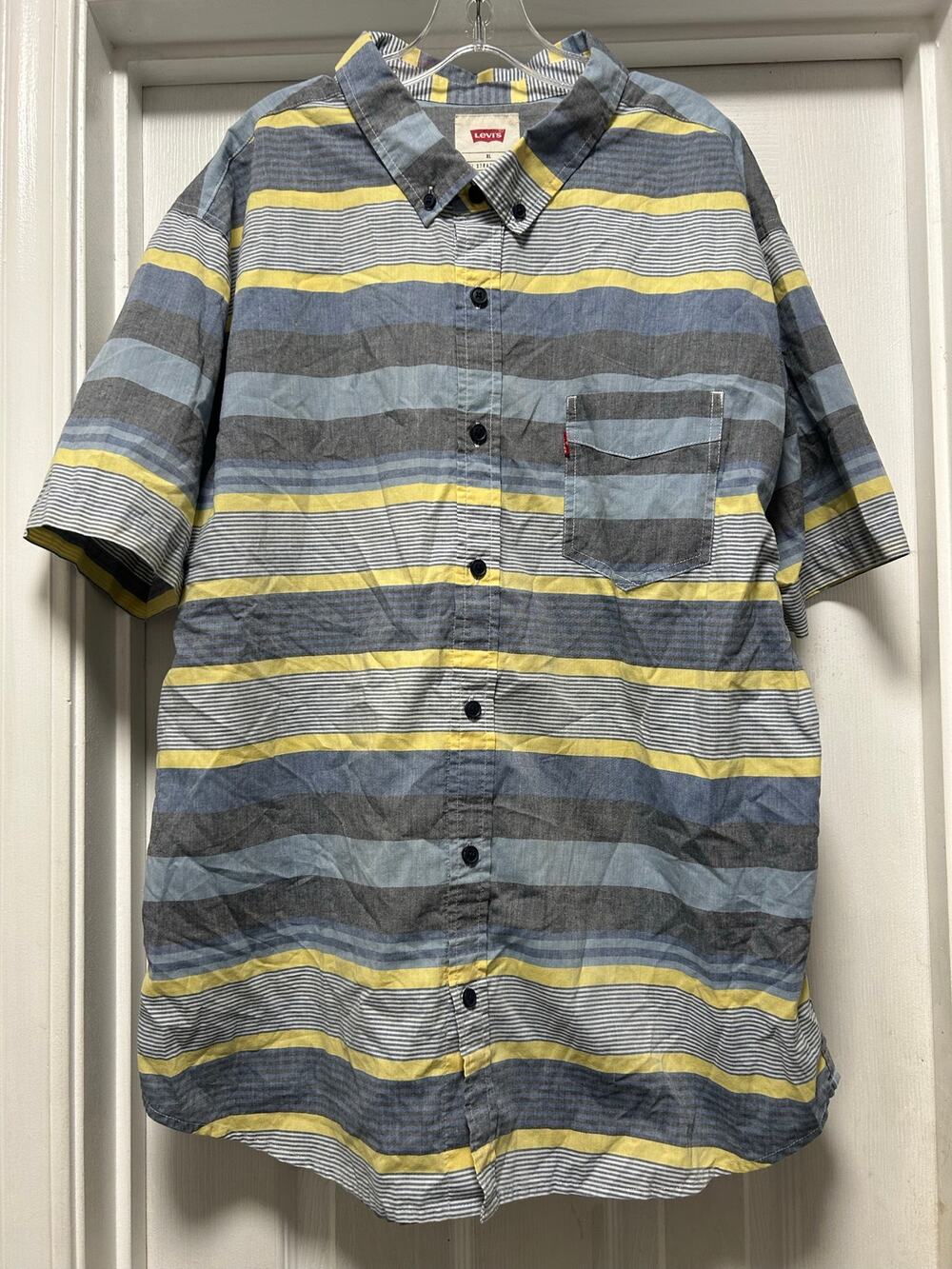 Levi's blue, yellow, and gray horizontal striped button-up shirt in men’s XL
